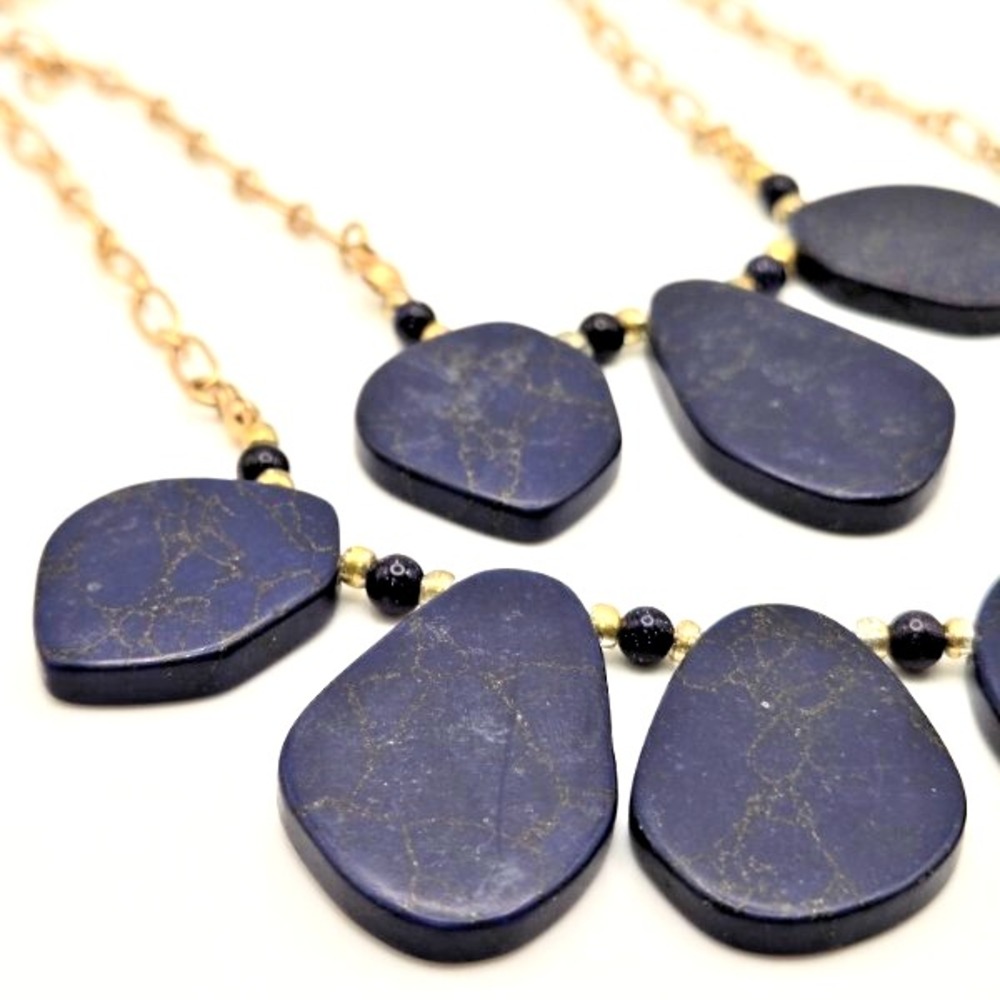 Natural Stone Slab and Glass Beaded Two-Strand Blue and Gold Tone Necklace